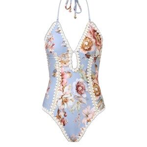 Awaken Crochet Keyhole One Piece Floral Swimsuit Chambray Floral
